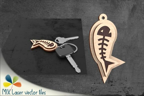 Fish Skeleton Key Accessory Pattern for Laser-Cut Keychains & Brand Packaging