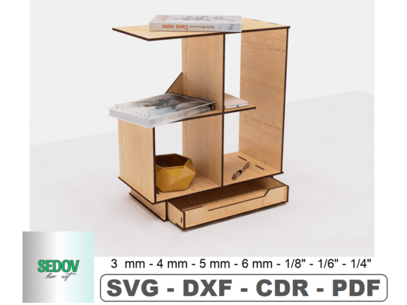 Table Bookshelf with Drawer Laser Cut Design for Organizers