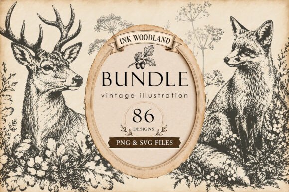 Woodland Ink Illustration Bundle: Vintage Forest Graphics for Branding and Creative Projects
